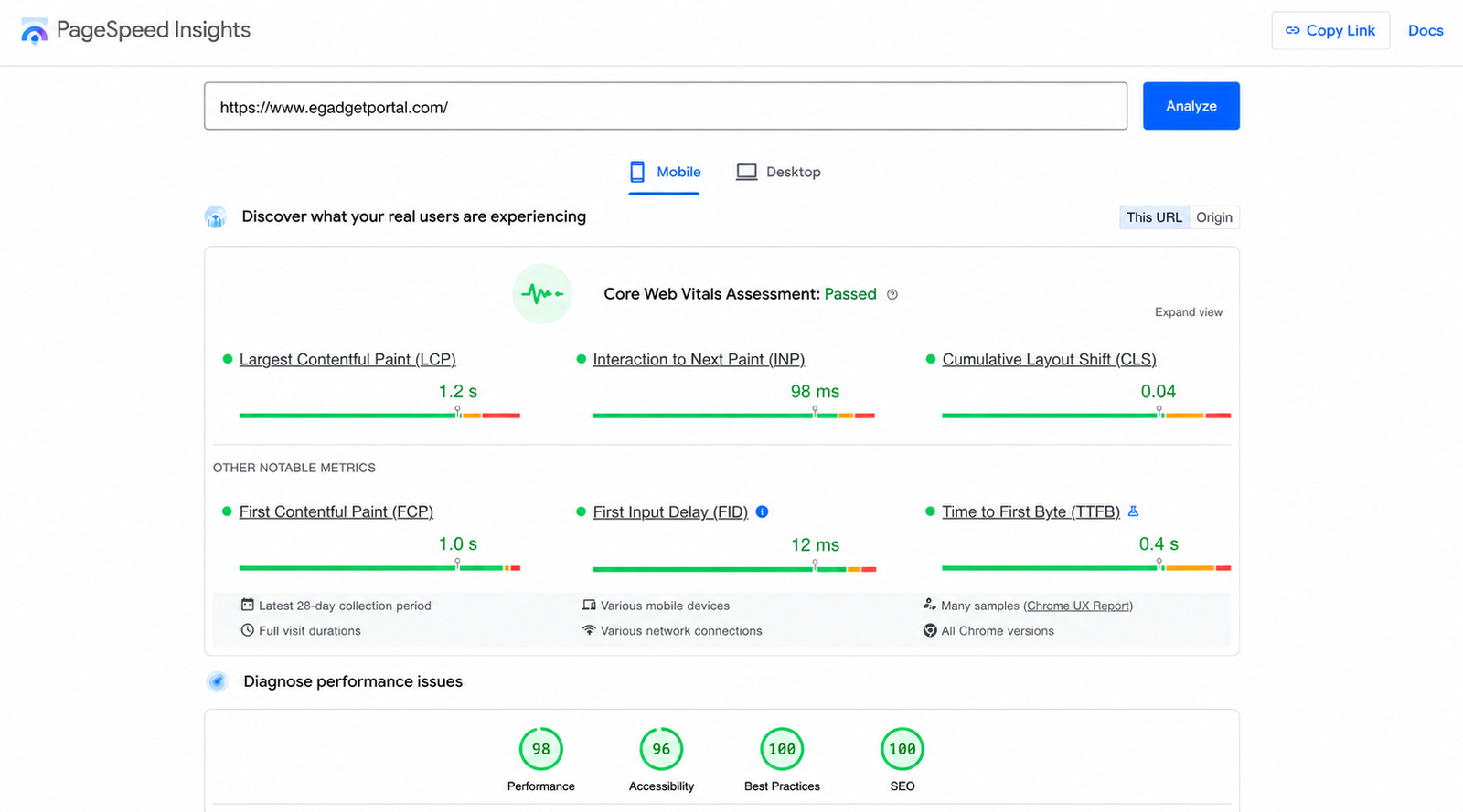 Core Web Vitals scores in Google PageSpeed Insights
